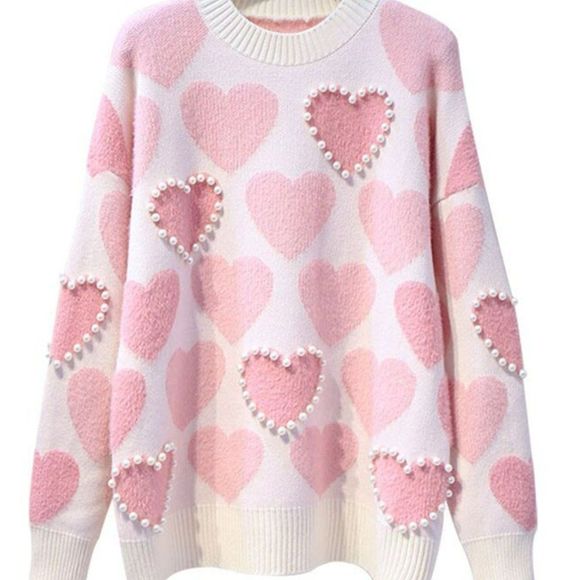 Pearl Beaded Heart Knit Turtleneck Sweater Pullover Women Top - Picture 10 of 10